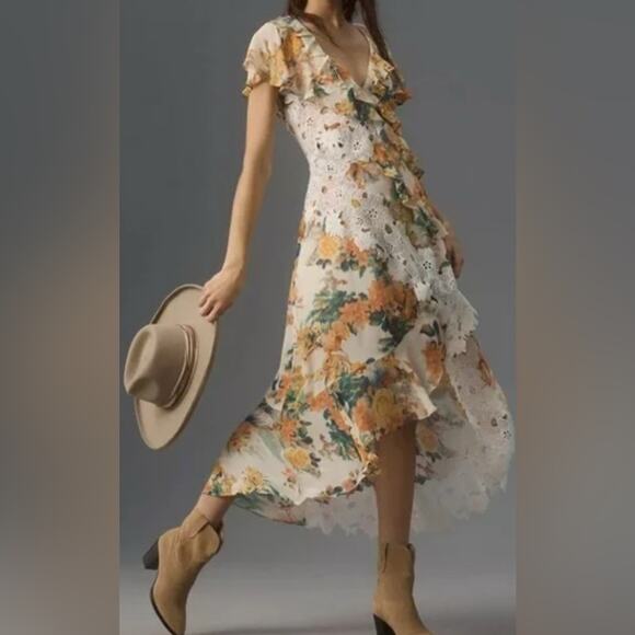 By Anthropologie V-Neck Ruffle Lace Slip Midi Dress asymmetrical size 6. - Picture 1 of 8